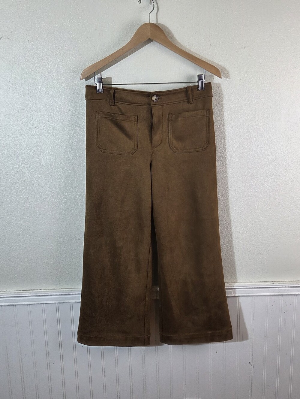 LOFT Palmer Wide Leg Pants Womens 8P Curvy Brown Faux Suede Stretch Cropped